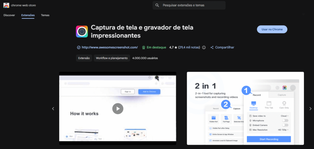 Interface inicial da ferramenta Awesome Screen Shot na Chrome Web Store.