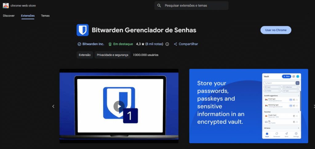 Interface inicial da ferramenta Bitwarden Gerenciador de Senhas na Chrome Web Store.
