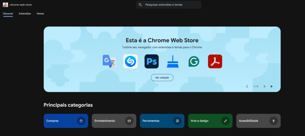 Interface inicial da ferramenta Chrome Web Store.