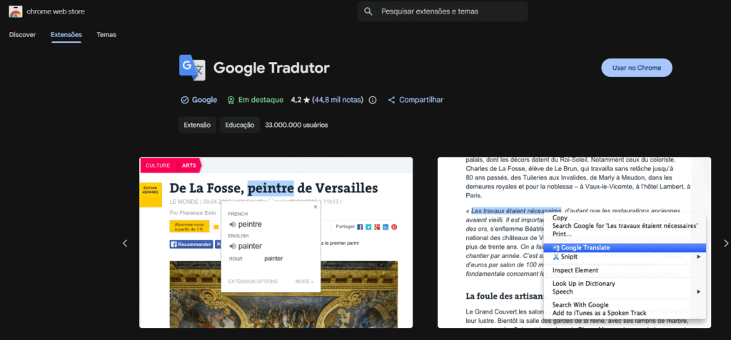 Interface inicial da ferramenta Google Tradutor na Chrome Web Store.