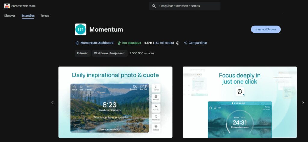 Interface inicial da ferramenta Momentum na Chrome Web Store.