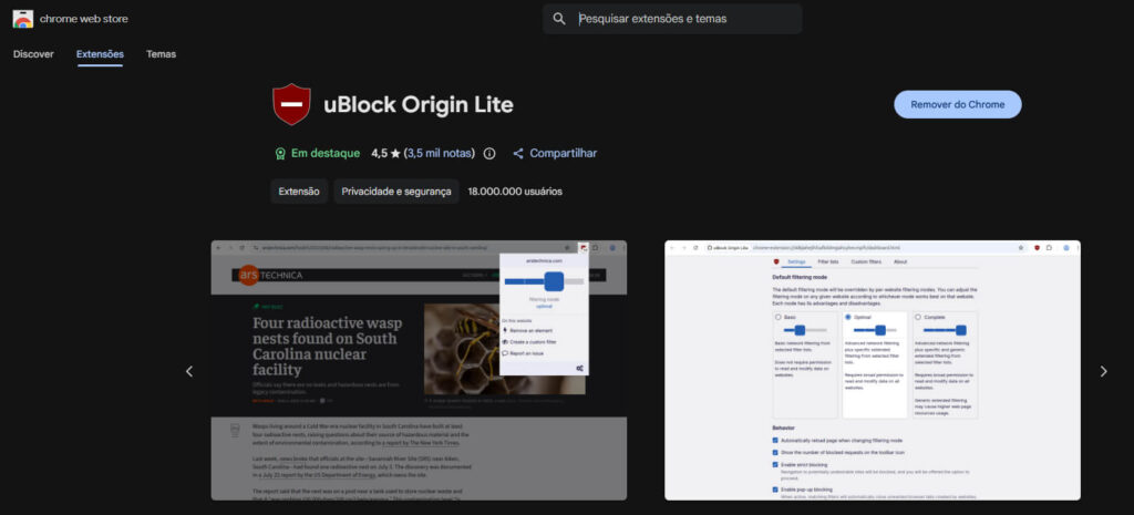 Interface inicial da ferramenta uBlock Origin Lite.