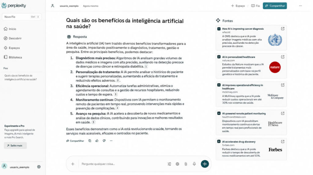 Imagem Ilustrativa com Exemplo de resposta no Perplexity AI com citações numéricas e links de fontes verificáveis.