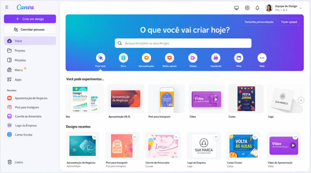 Imagem Ilustrativa da Interface da ferramenta Canva.