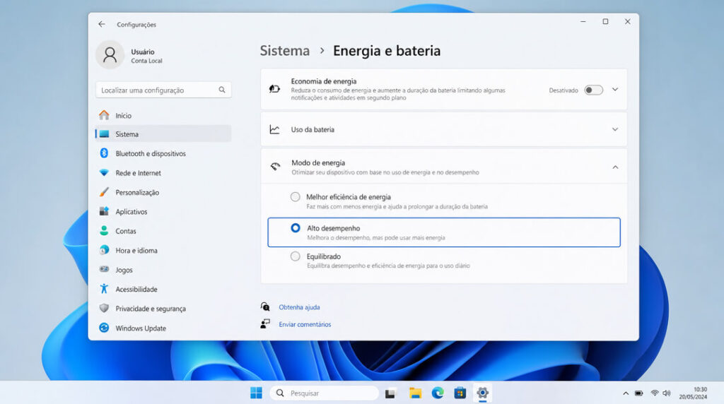 Imagem Ilustrativa do plano de energia de alto desempenho nas configurações do Windows.