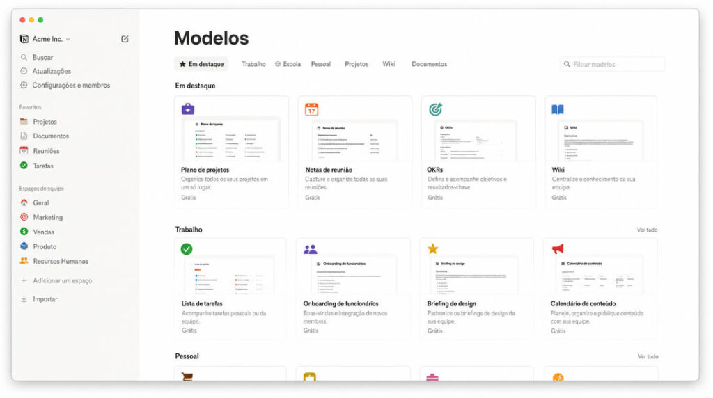 Imagem Ilustrativa da Tela de seleção de modelos e templates gratuitos dentro do aplicativo Notion.
