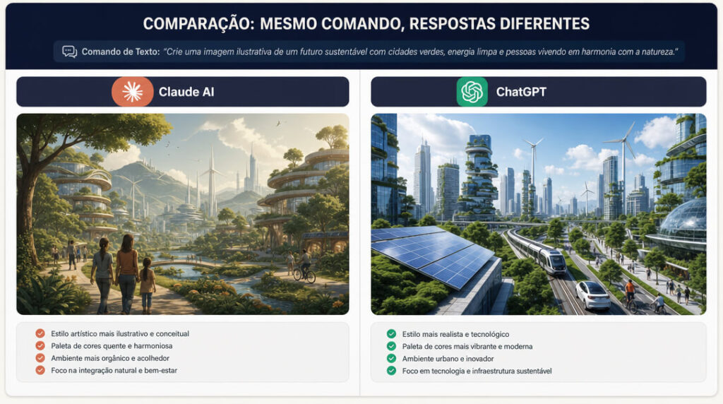 Imagem Ilustrativa de Comparação com resposta do Claude AI e do ChatGPT para o mesmo comando de texto.