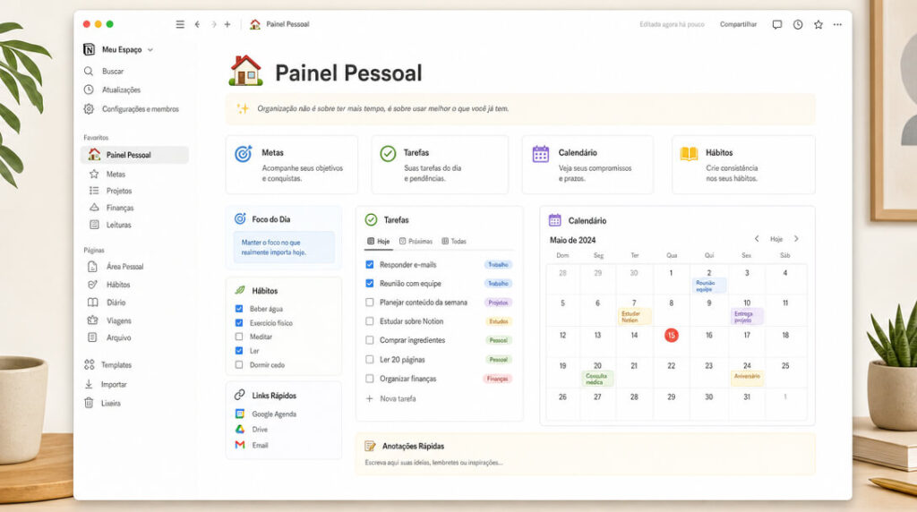 Imagem Ilustrativa do Painel de organização pessoal no Notion para iniciantes com listas e calendários.
