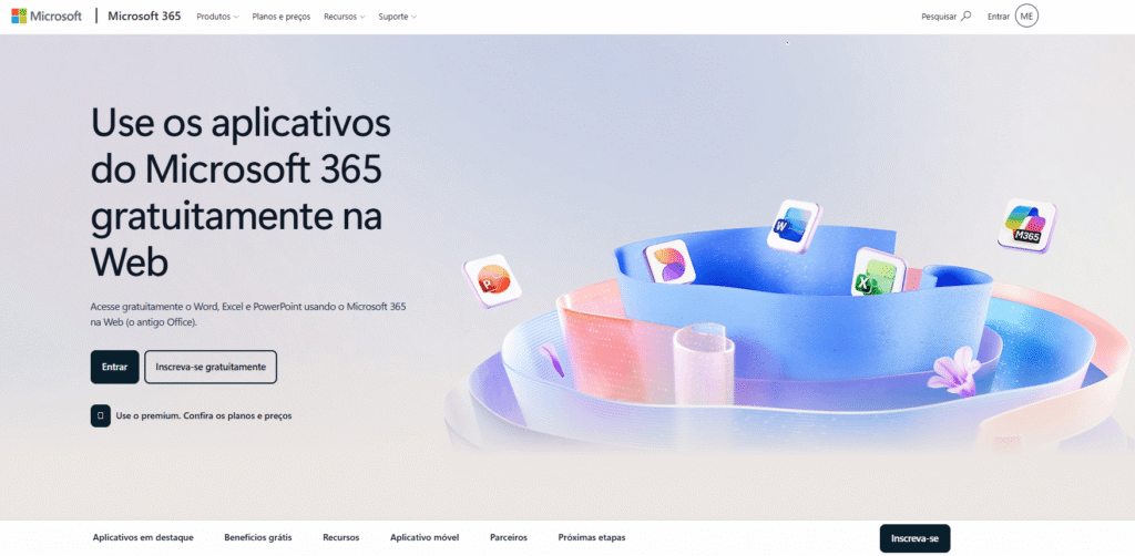 Interface inicial da ferramenta Microsoft 365.