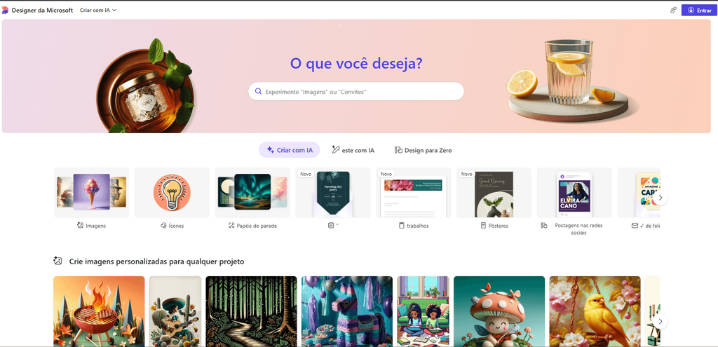 Interface inicial da ferramenta Microsoft Designer