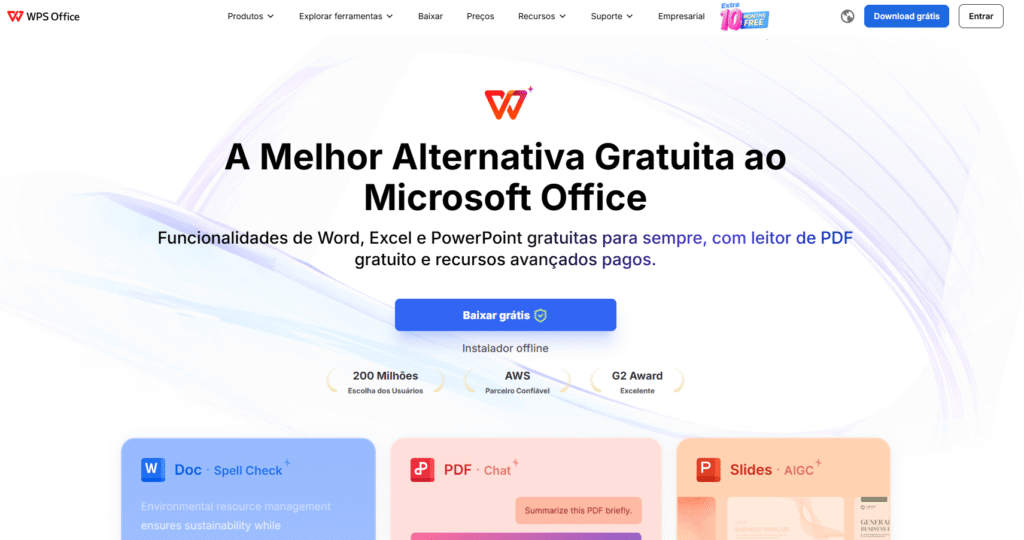 Interface inicial da ferramenta WPS Office.