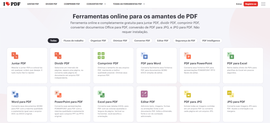 Interface da ferramenta iLovePDF mostrando a organização de arquivos para junção.