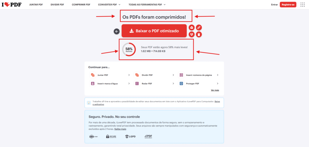 Resultado da compressão de arquivo PDF mostrando redução de tamanho.