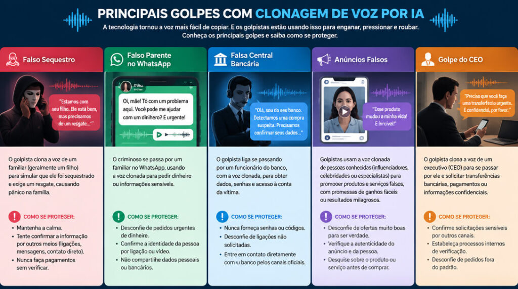 Infográfico comparativo dos principais golpes com clonagem de voz por IA: falso sequestro, falso parente no WhatsApp, falsa central bancária, anúncios falsos e golpe do CEO.