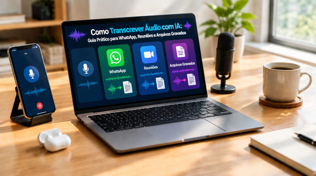 Computador portátil sobre uma secretária a apresentar o guia de como transcrever áudio com inteligência artificial para WhatsApp, reuniões e ficheiros gravados.