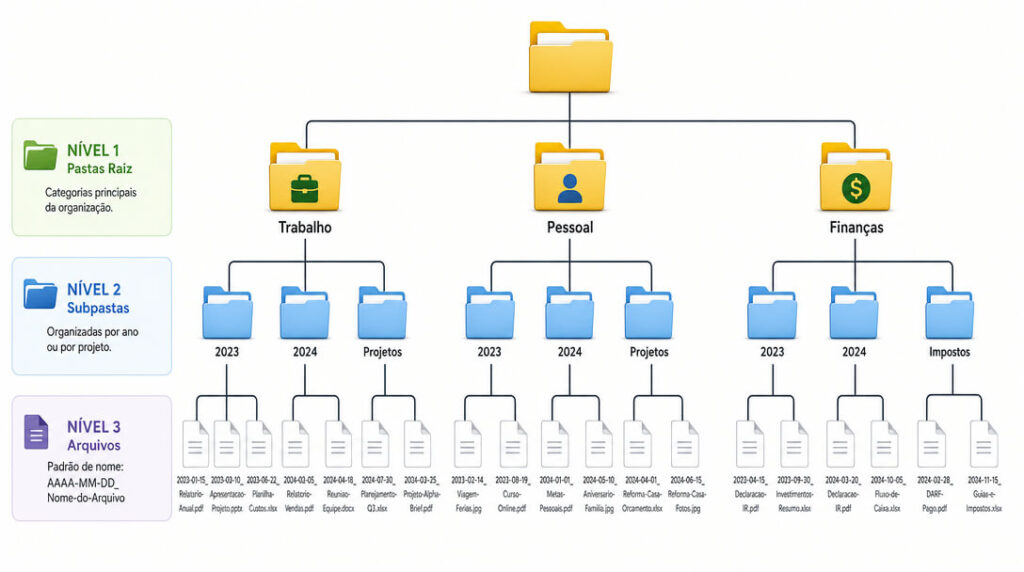 Infográfico demonstrando estrutura de pastas para organizar arquivos no computador
