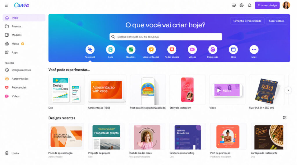 imagem ilustrativa do portal inicial do Canva.