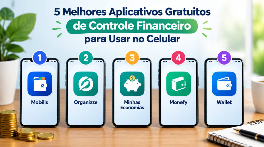 Infográfico comparativo com os 5 melhores aplicativos gratuitos de controle financeiro para celular: Mobills, Organizze, Minhas Economias, Monefy e Wallet.