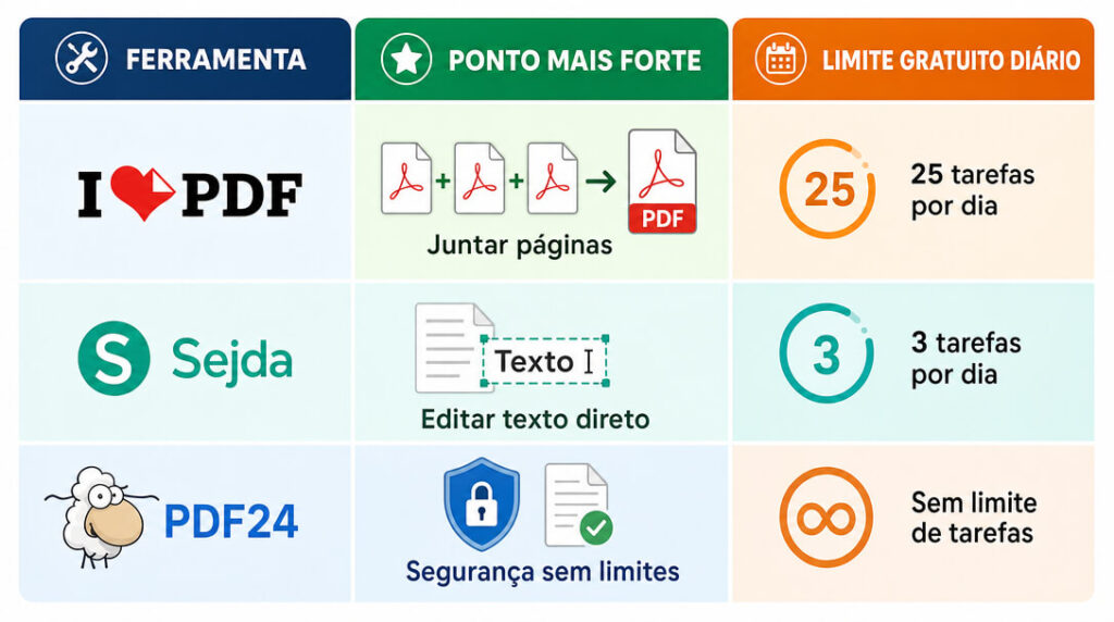 Infográfico comparando ferramentas de editor de pdf gratuito online.