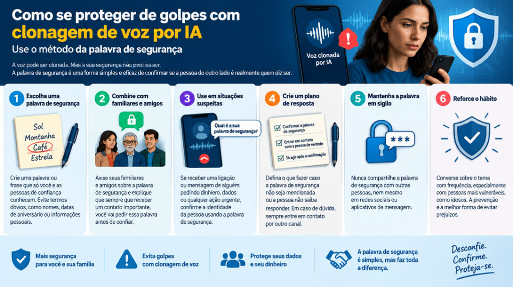 Infográfico passo a passo sobre como se proteger de golpes com clonagem de voz por IA usando o método da palavra de segurança familiar.